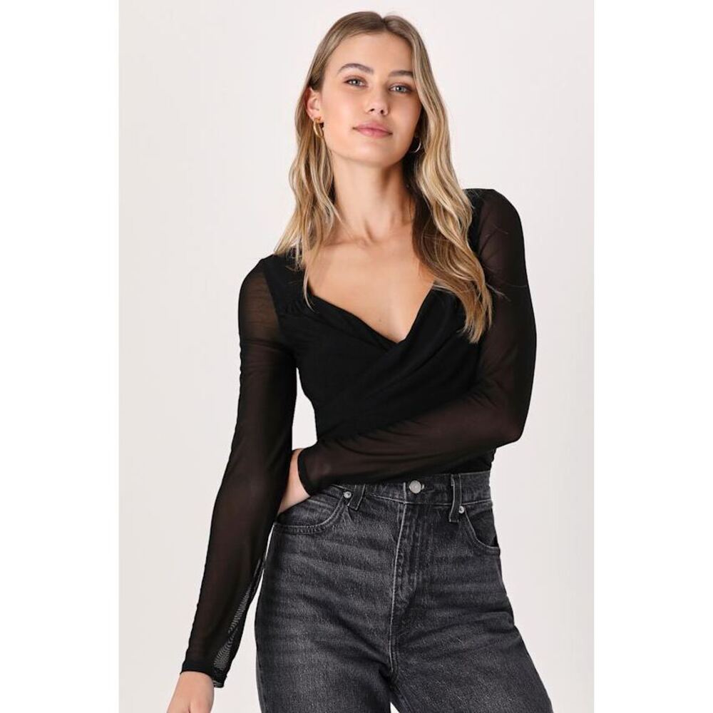 Lulus Sheer Confidence Black Mesh Ruched Long Sleeve Bodysuit - Size XS